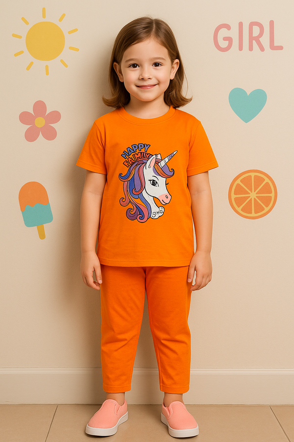 Girls Unicorn Printed Summer Tracksuit Trouser & Shirt