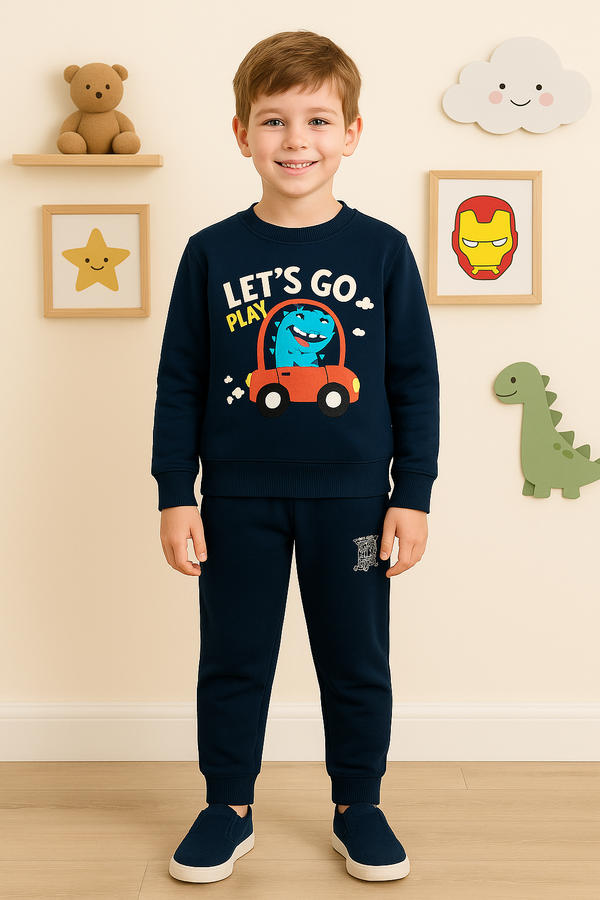 Boys Navy Car Printed Fleece Track suit (1-10)Y