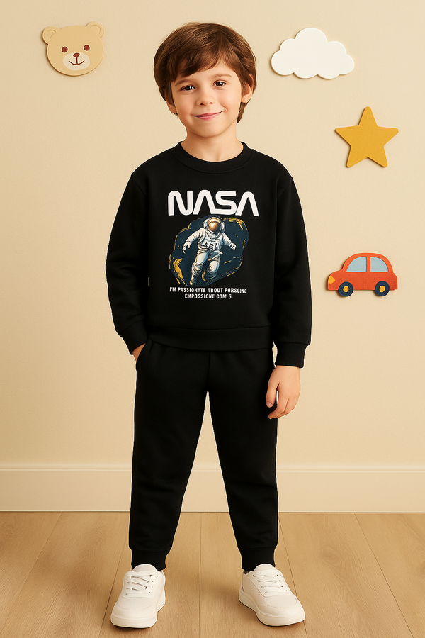 Black Slogan Printed Fleece Track-Suit (1-10)Y