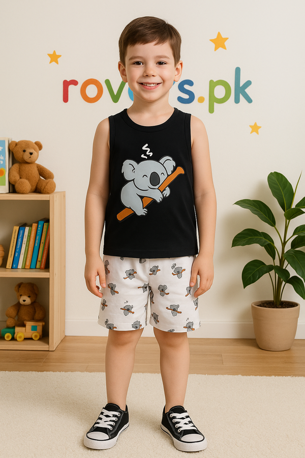 Boys' Summer Sleeveless Lazy Bear Print Tanktop + Shorts Casual Set