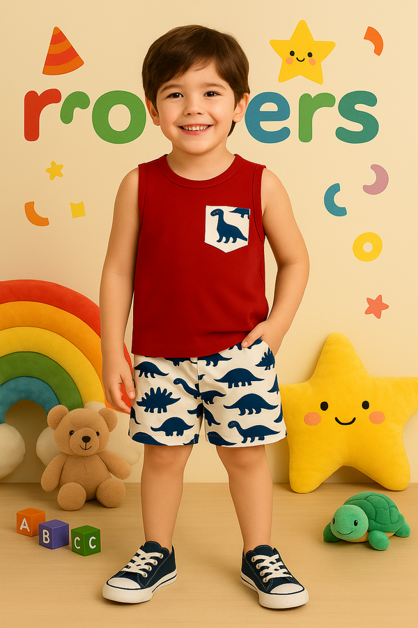 Boys Red All-over Printed Tanktop Suit (1-10)Y