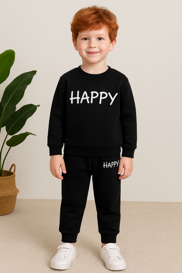 Premium Quality "HAPPY" Printed Fleece Sweat Suit For Kids